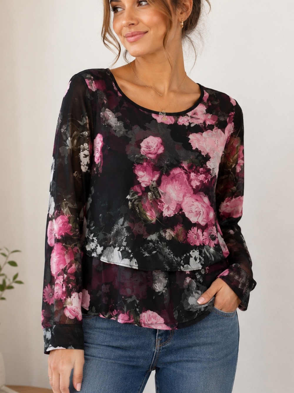Ellen Tracy Semi Sheer Black Floral Ruffled Blouse